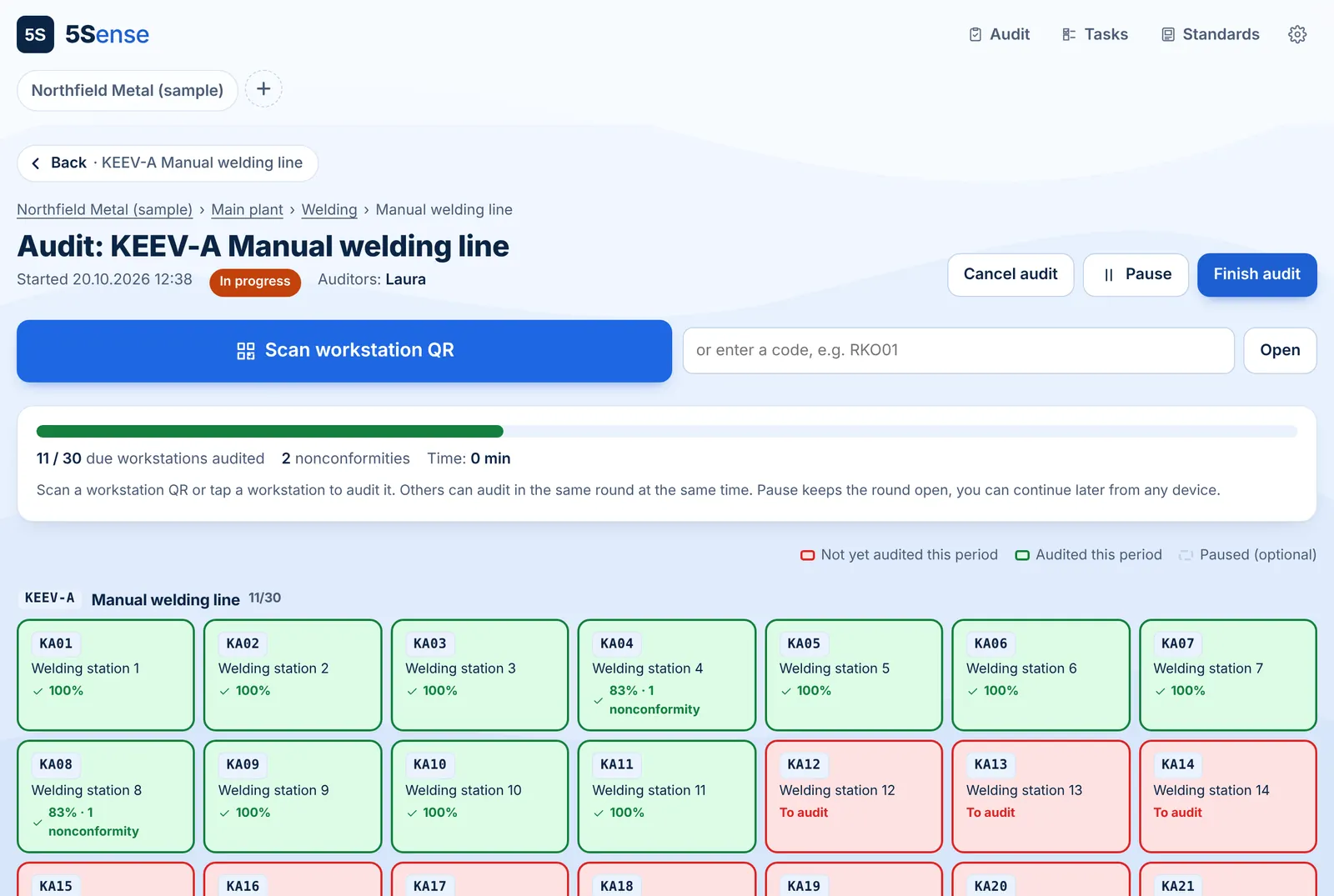 Audit round in the 5Sense app: workstation grid turning green as each one is audited