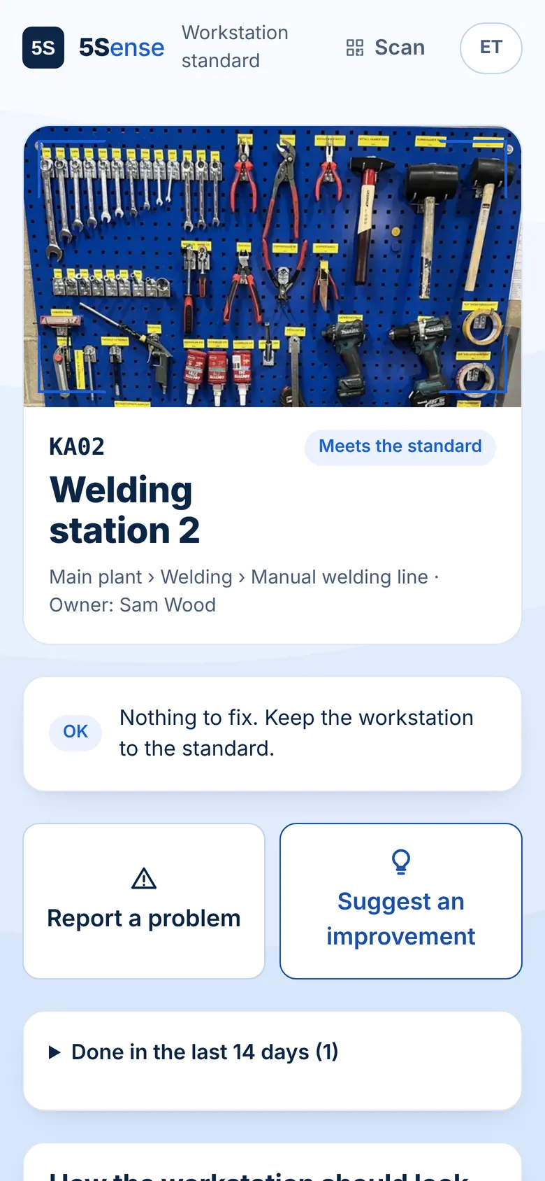Worker view in the 5Sense app after scanning the workstation QR code: standard photo, Report a problem and Suggest an improvement